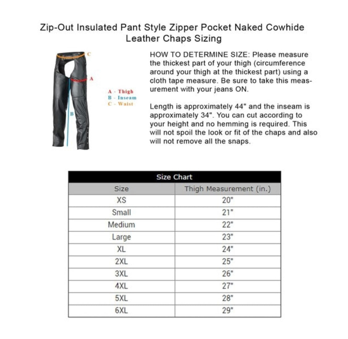 All Season, Insulated Zipper Pocket Naked Cowhide BLACK LeatheR Chap- Men or Women