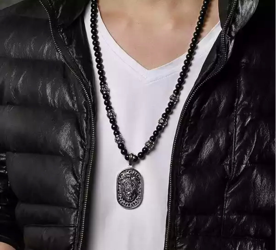 Lion Beaded Necklace -Silver