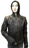 Ladies Leather Jacket with embroidery and removable hoodie