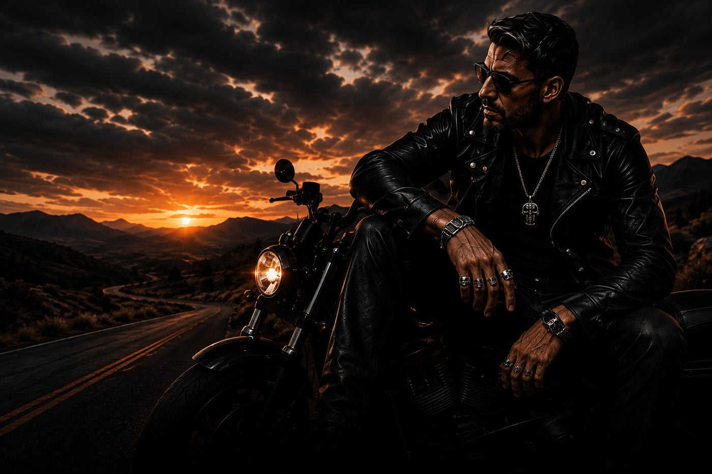 Biker wearing PT Biker Jewelry skull rings, chain and bracelet at sunset
