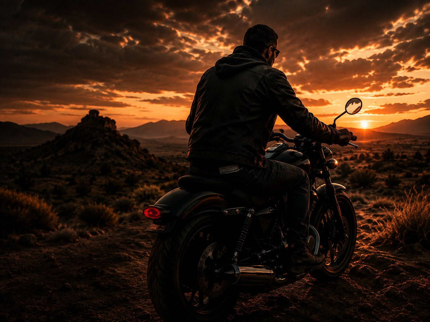 Biker on a motorcycle watching the desert sunset