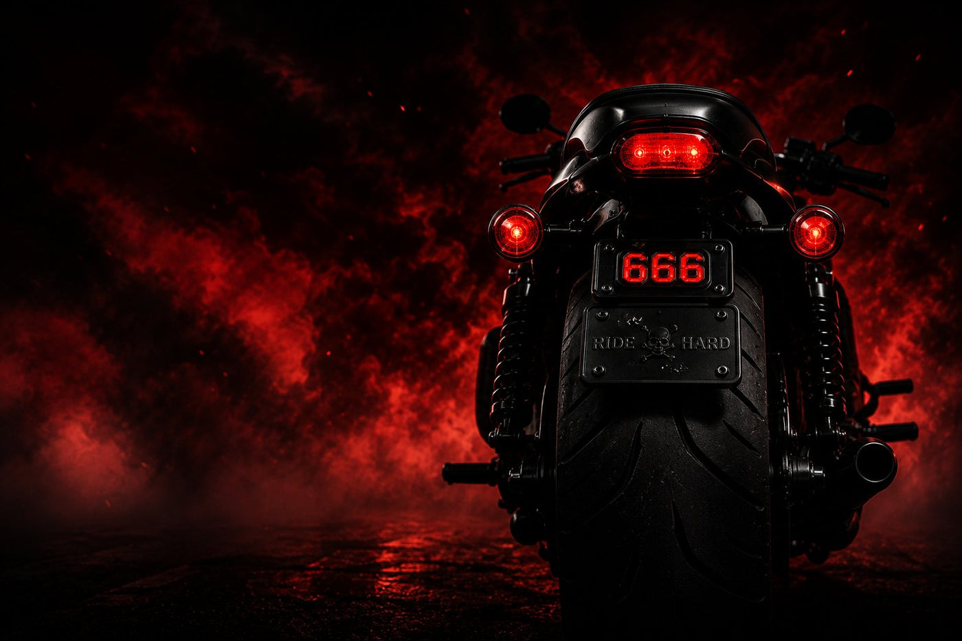 Motorcycle tail lights glowing red through smoke