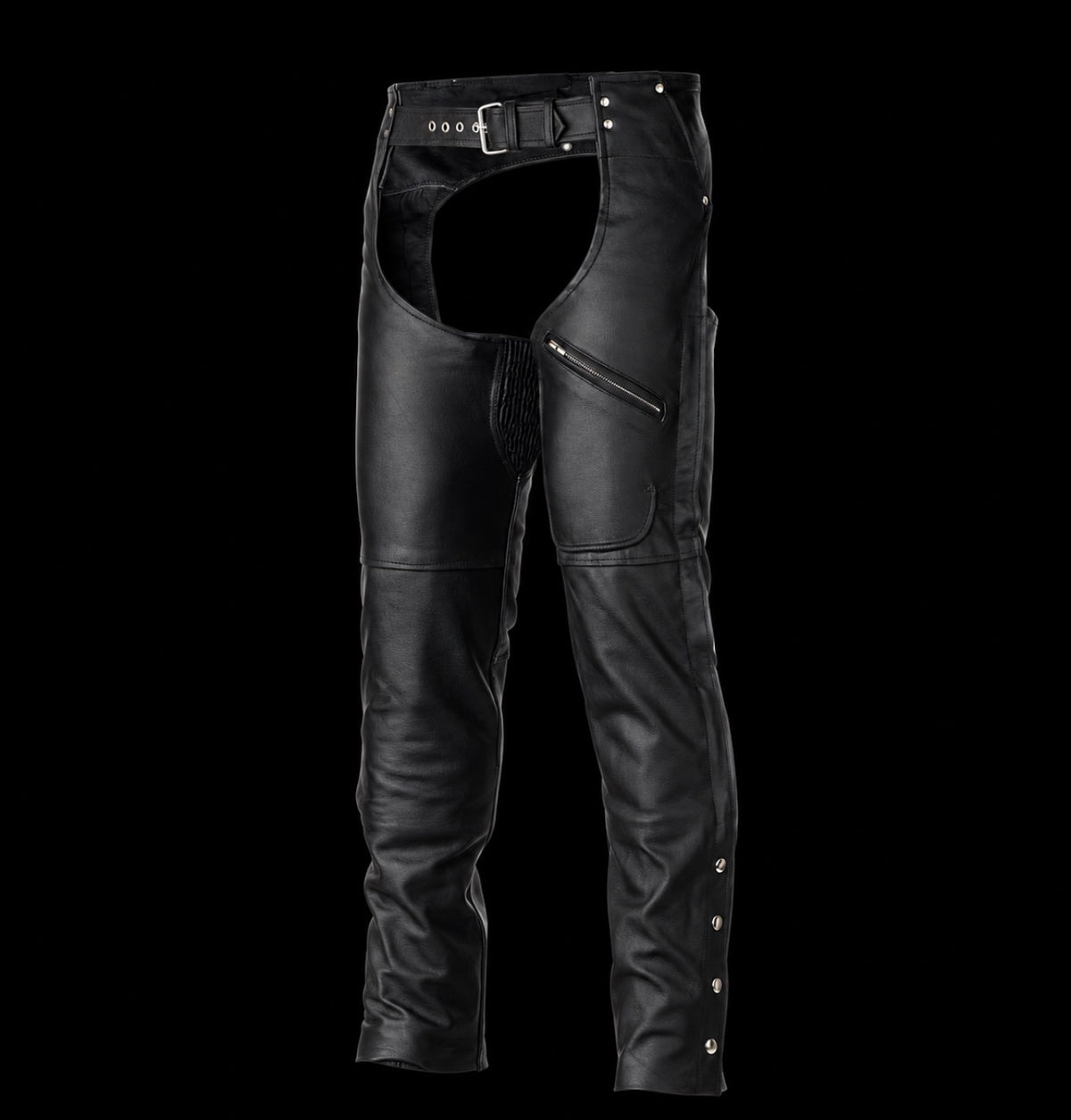 Black Zip-Out Insulated Zipper Pocket Leather Chaps – Unisex
