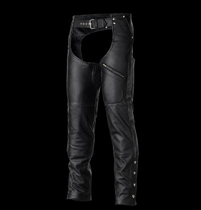Black Zip-Out Insulated Zipper Pocket Leather Chaps – Unisex