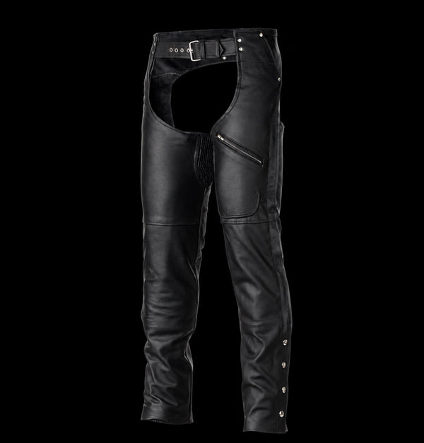Black Zip-Out Insulated Zipper Pocket Leather Chaps – Unisex