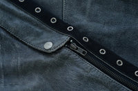 Ladies Distressed Gray Leather Chaps with Grommeted Twill & Lace Accent