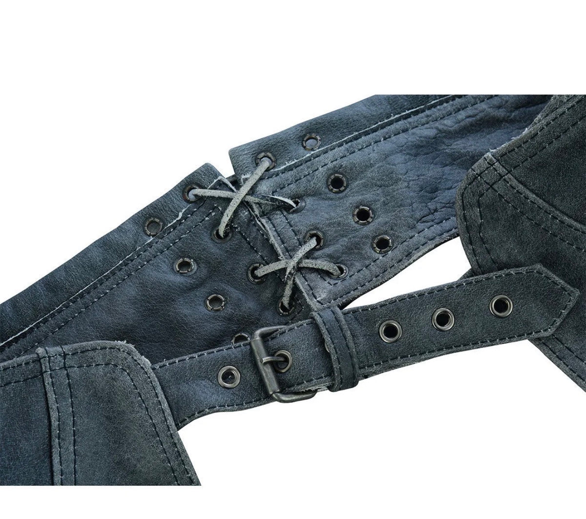 Ladies Distressed Gray Leather Chaps with Grommeted Twill & Lace Accent
