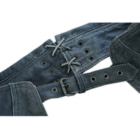 Ladies Distressed Gray Leather Chaps with Grommeted Twill & Lace Accent