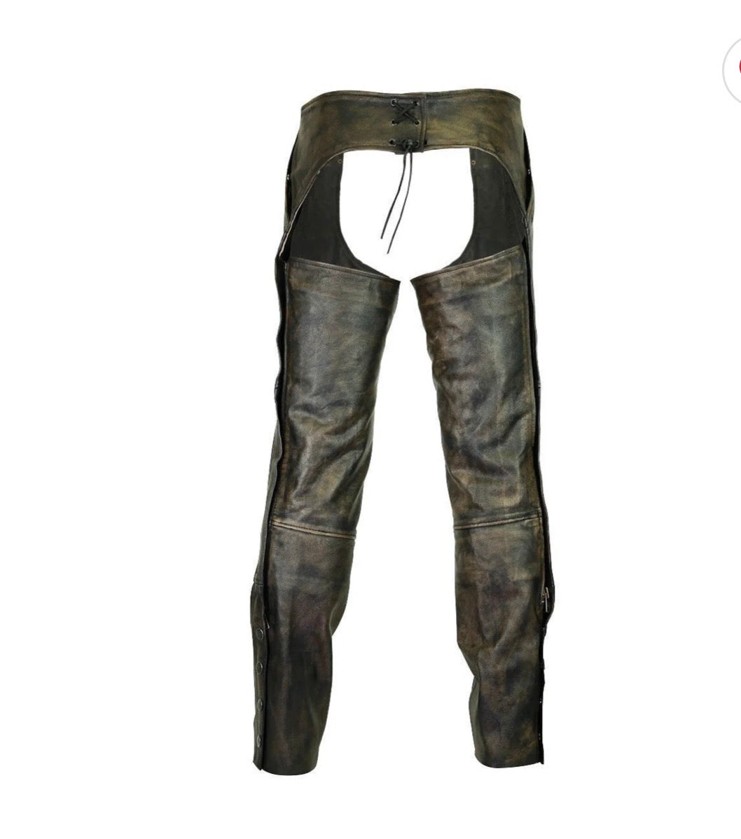 Vintage Distressed Cowhide Brown Jean Style Leather Chaps – Men or Women