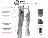 Ladies Distressed Gray Leather Chaps with Grommeted Twill & Lace Accent
