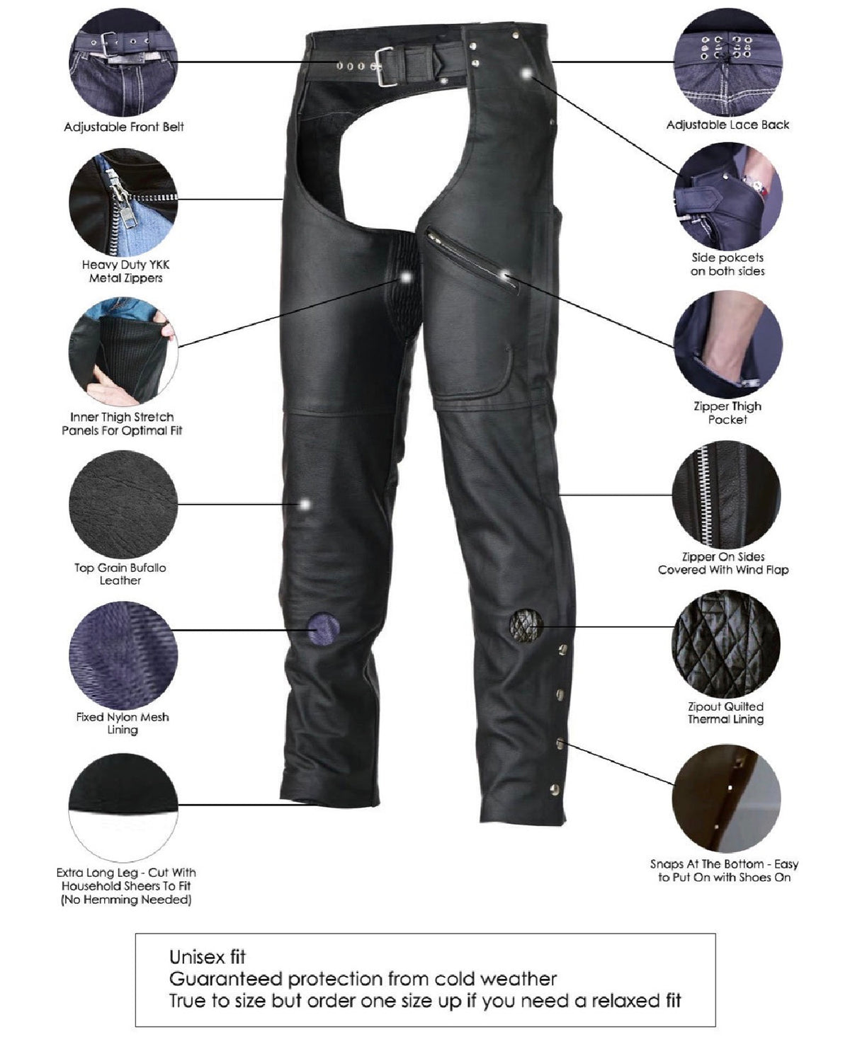 Black Zip-Out Insulated Zipper Pocket Leather Chaps – Unisex