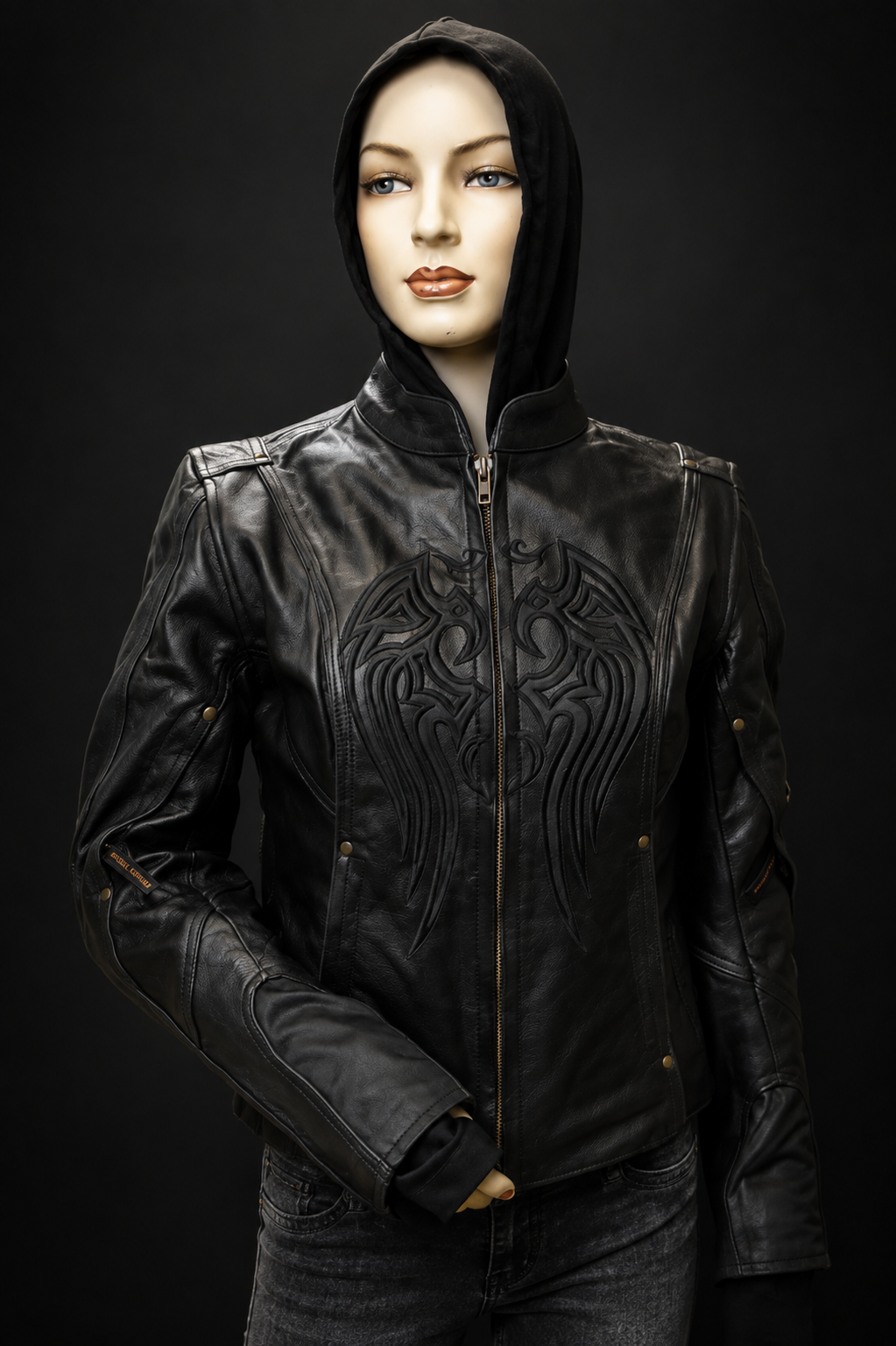 Ladies Leather Jacket with embroidery and removable hoodie