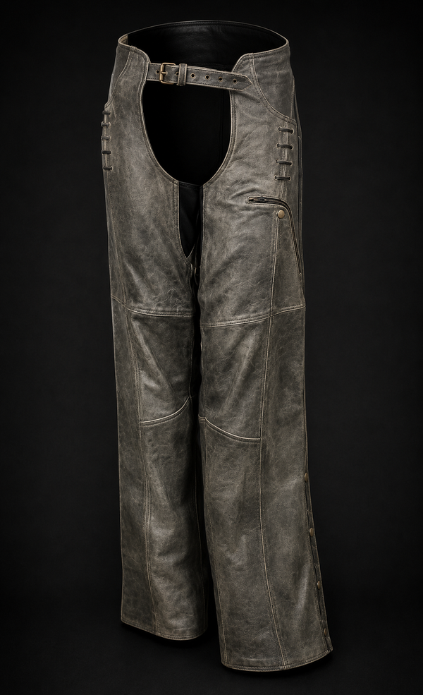 Women Distress Gray Leather Chaps w/ grommeted twill & lace accent