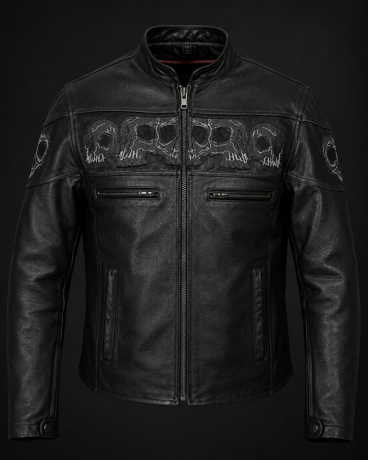 Men’s Reflective Premium Skull Cowhide Leather Motorcycle Jacket