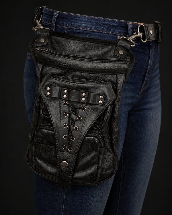 Leather Thigh Bag with Waist Belt-BLACK