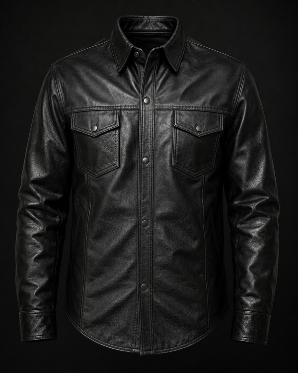 Men’s Concealed Carry Black Cowhide Leather Biker Shirt