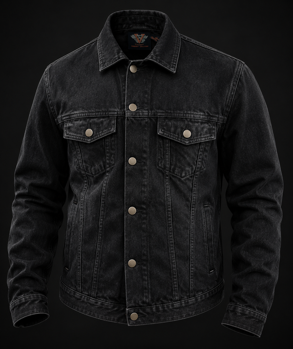 Black Heavy Duty Denim Button Front Jacket- MEN