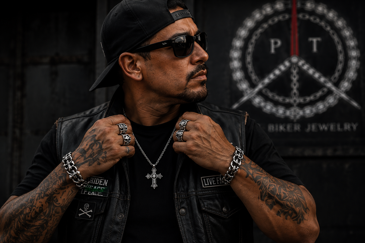 Biker wearing PT Biker Jewelry rings, chain and bracelets