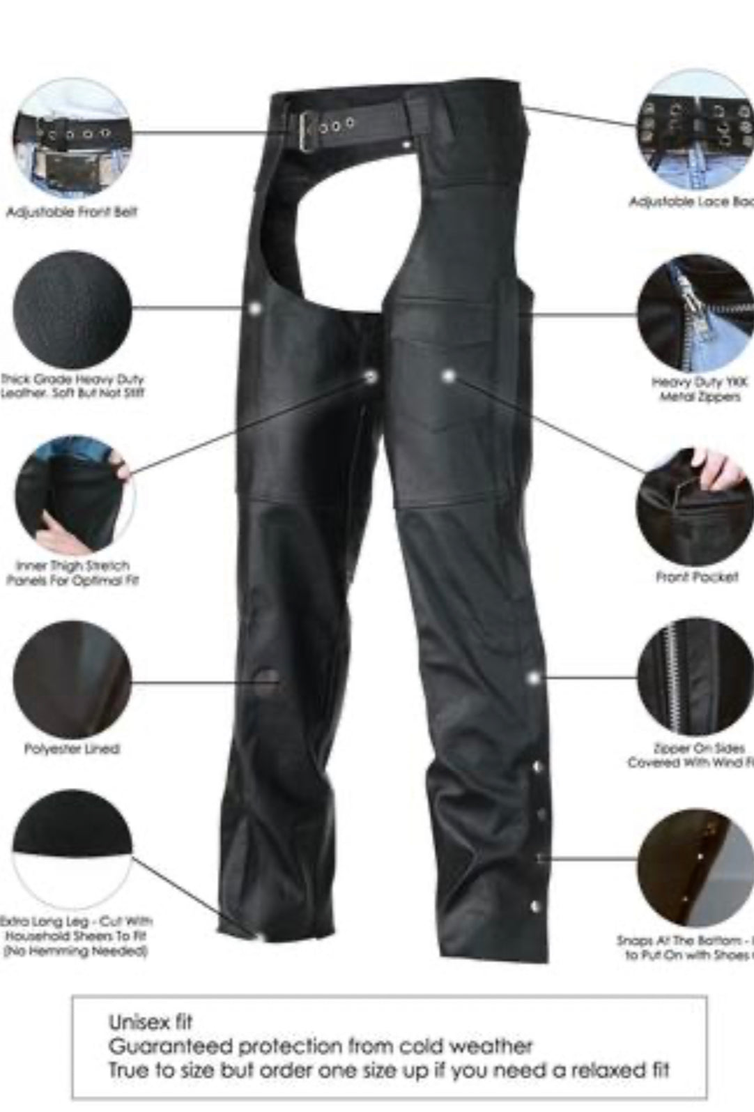 Classic Biker Leather Chaps- Men or Women