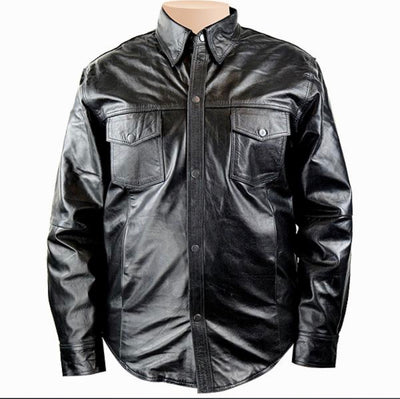 Men’s Concealed Carry Black Cowhide Leather Biker Shirt