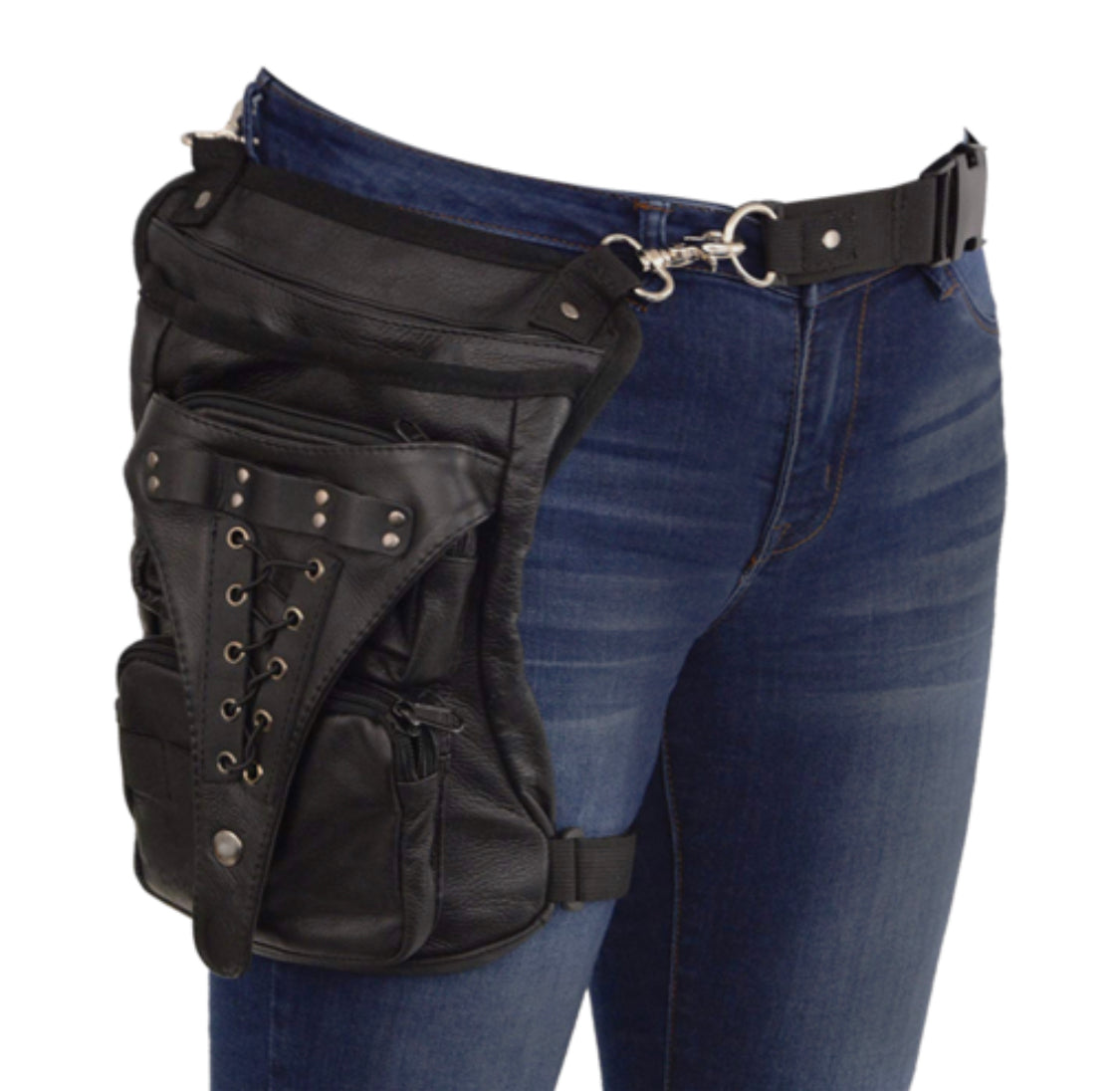 Leather Thigh Bag with Waist Belt-BLACK