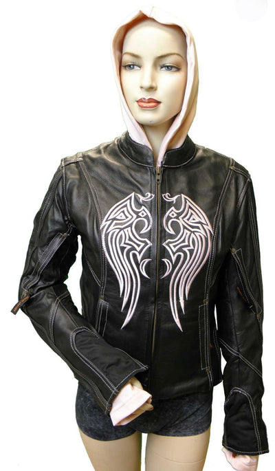 Ladies Leather Jacket with embroidery and removable hoodie