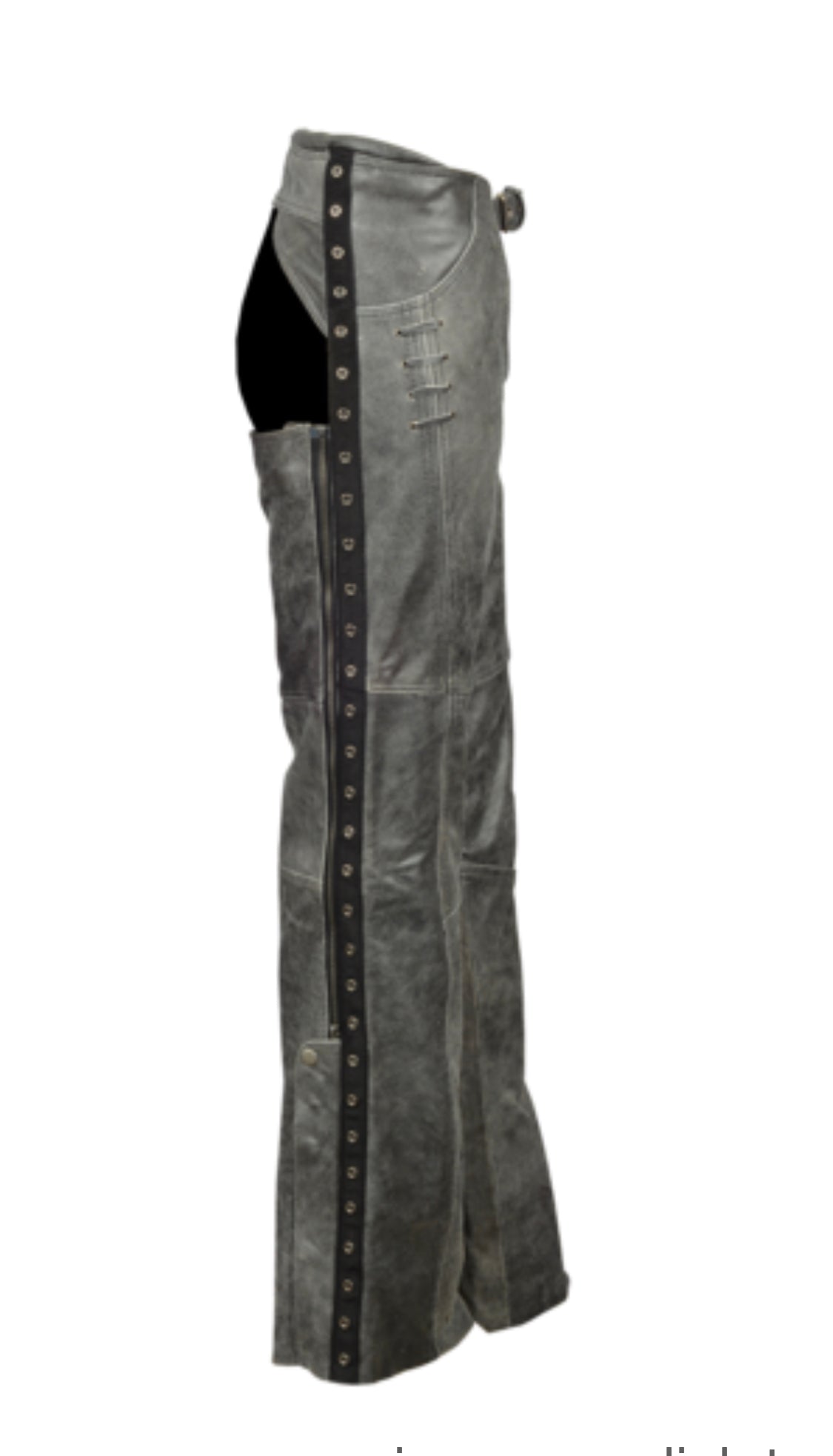 Ladies Distressed Gray Leather Chaps with Grommeted Twill & Lace Accent
