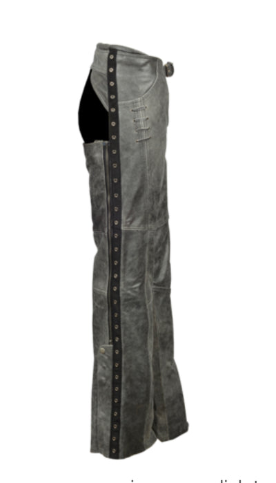 Women Distress Gray Leather Chaps w/ grommeted twill & lace accent