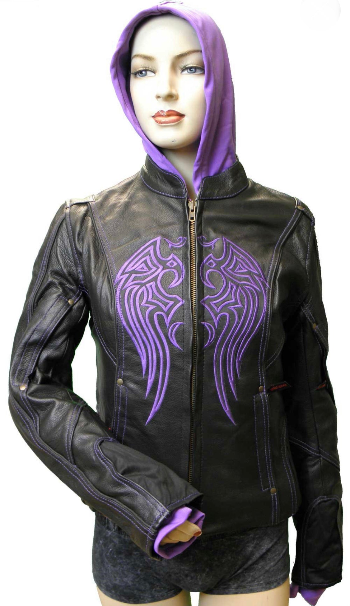 Ladies Leather Jacket with embroidery and removable hoodie