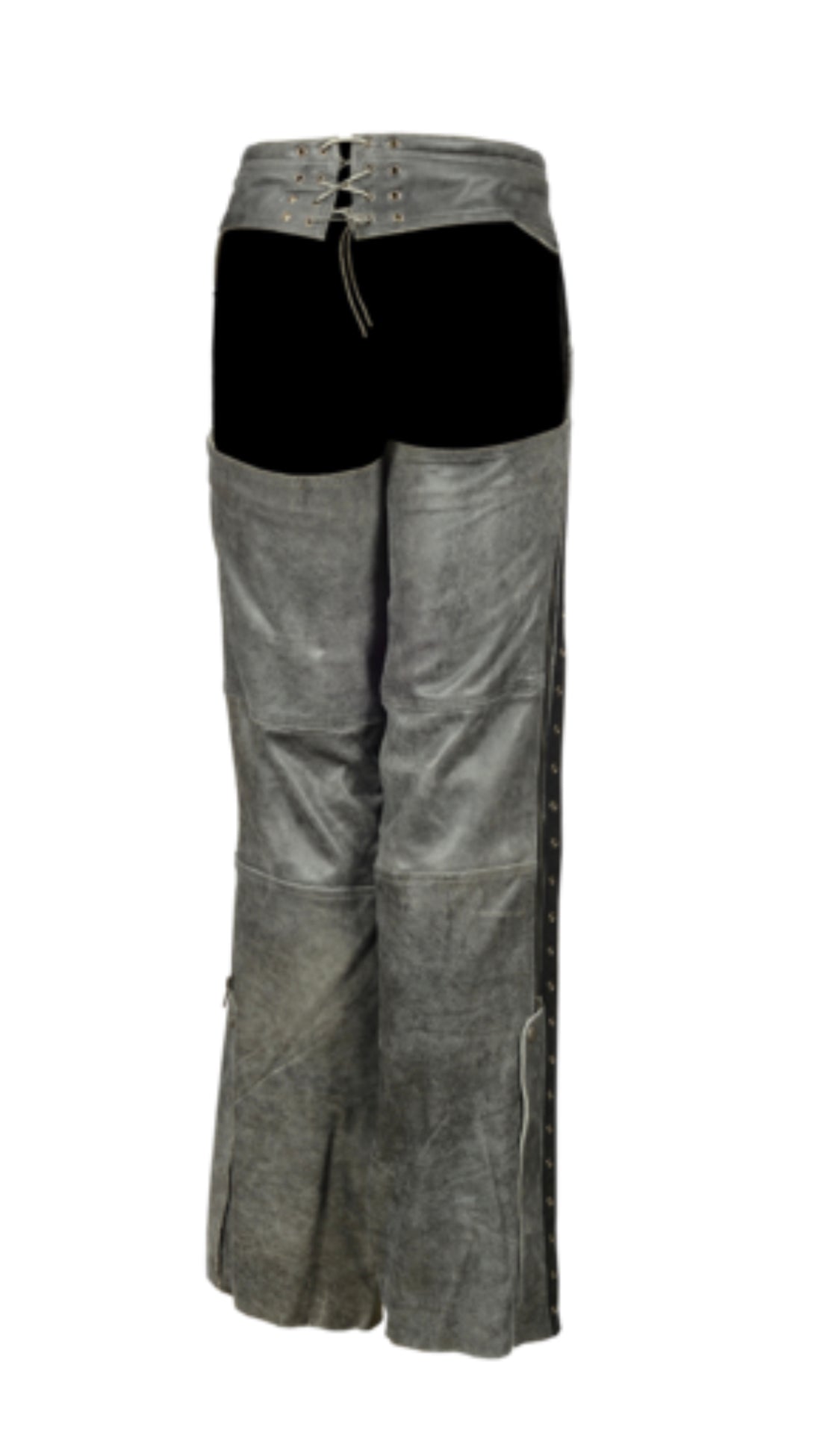 Ladies Distressed Gray Leather Chaps with Grommeted Twill & Lace Accent