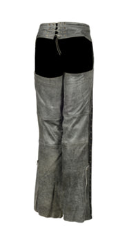 Ladies Distressed Gray Leather Chaps with Grommeted Twill & Lace Accent