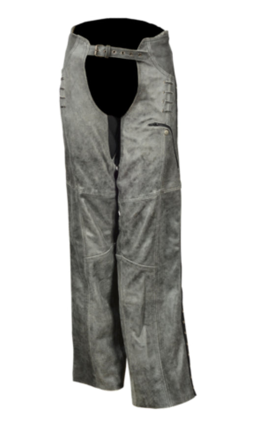 Women Distress Gray Leather Chaps w/ grommeted twill & lace accent