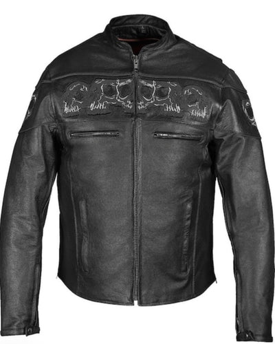 Men’s Reflective Premium Skull Cowhide Leather Motorcycle Jacket