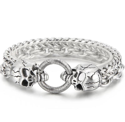 Stainless Steel Viking Bracelet With 2 Skull Heads 1/2 Inch Wide