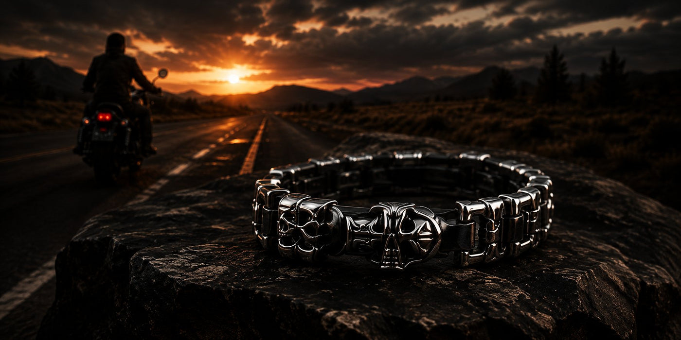 Stainless steel skull biker bracelet on a rock beside an open road at sunset
